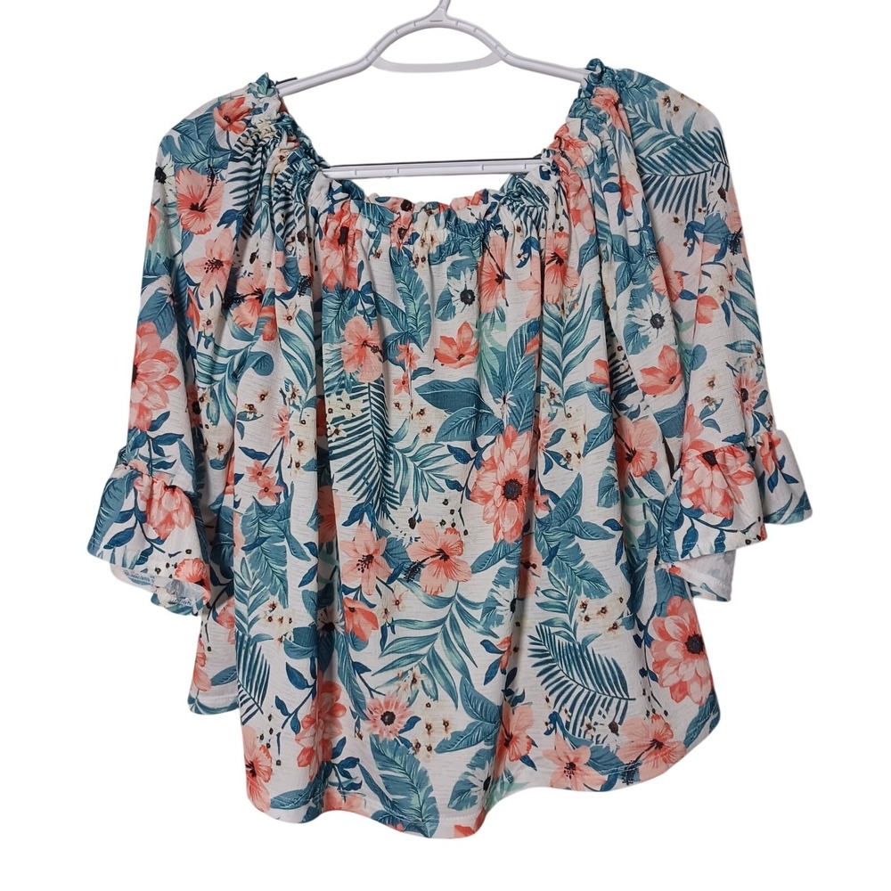 Floral Tropical Flowy Peasant On/Off Shoulder Small Top Bell Sleeves Cottagecore